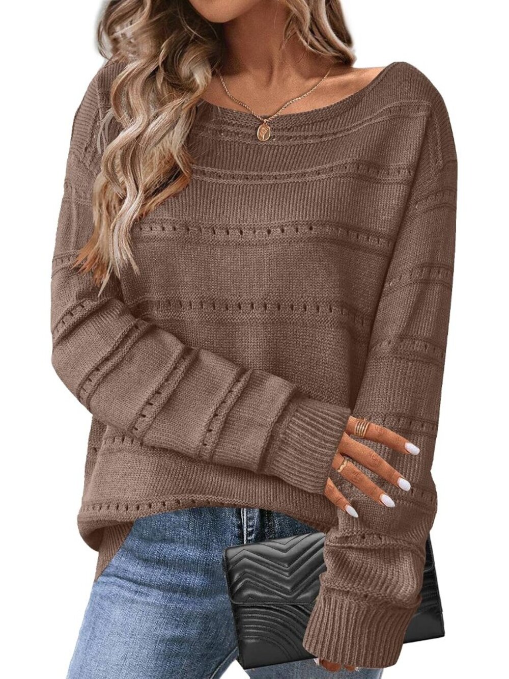 Trendy Off-the-Shoulder Crochet Sweater for Fall Elegance